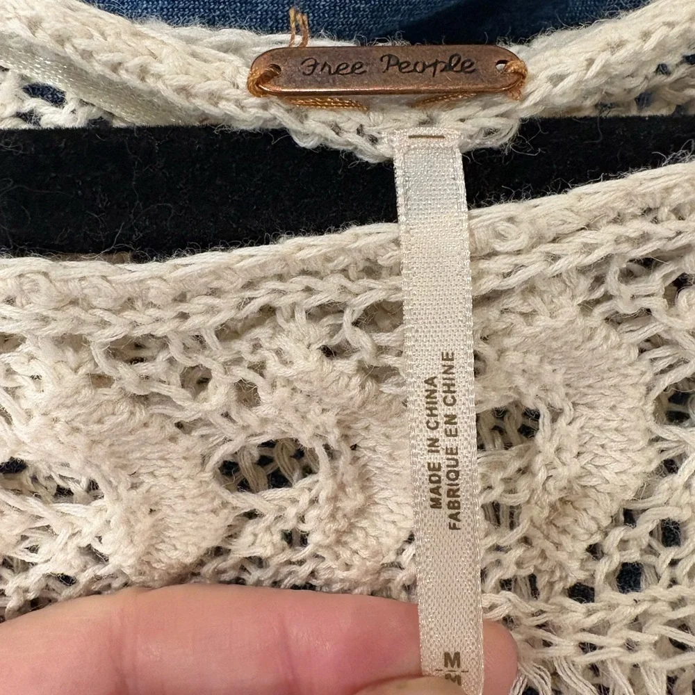 Free People crochet open knit top with fringe detail ivory sz M boho festival